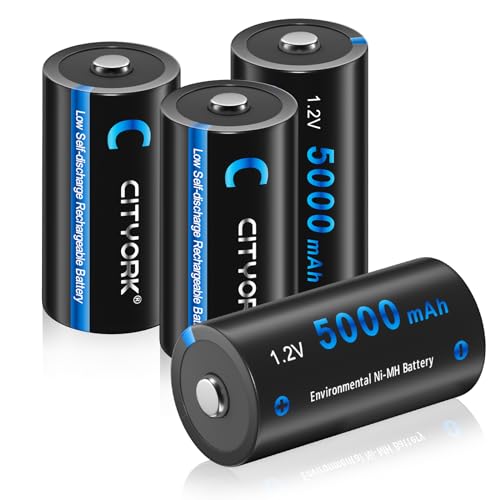 CITYORK Wiederaufladbare C-Batterien 5000 mAh, NiMH-Akkus der Größe C mit hoher Kapazität und Aufbewahrungsbox, für LED-Taschenlampen, Kinderspielzeug und mehr, 4 Stück von CITYORK