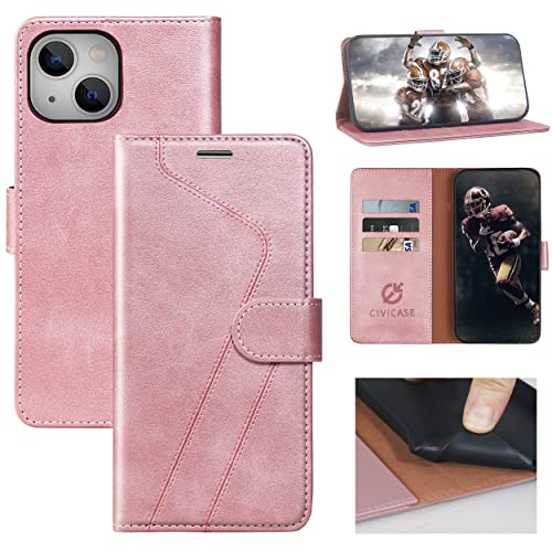 CIVICASE Schutzhülle für iPhone 13, Premium-Leder-Klapphülle [RFID-blockierend] Kreditkartenhalter, Folio, stoßfeste Abdeckung, farblich passend für iPhone 13 (6.1 Zoll) Roségold von CIVICASE