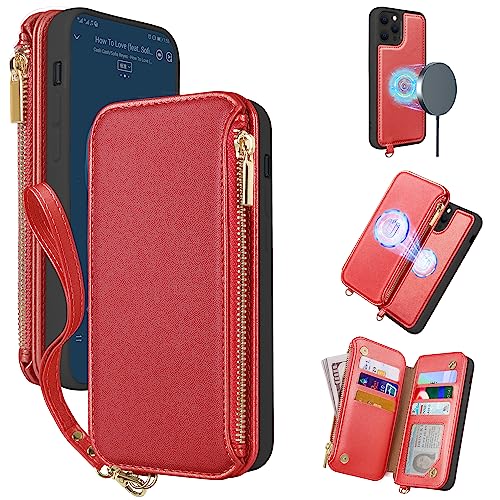 CIVICASE Schutzhülle mit Reißverschluss für iPhone 12 Pro Max, 2-in-1, Brieftaschen-Hülle, magnetisch, abnehmbar, RFID-Kartenschutz, 6 Kartenfächer, kabelloses Aufladen, kompatibel mit Magsafe – Rot von CIVICASE