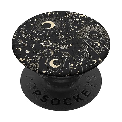 Mystische Astrologie Mond Sonne Sterne Planeten Muster Schwarz PopSockets Klebender PopGrip von CJ Grips