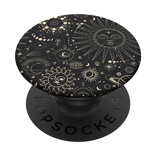 Sternzeichen Sterne Mond Sonne Muster Schwarz PopSockets Klebender PopGrip von CJ Grips