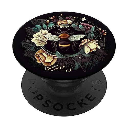 Biene Blumen Blüten Boho Pastellfarben Schwarz PopSockets mit austauschbarem PopGrip von CJ Merch