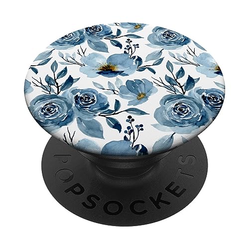 Blau Aquarell Blumen Muster Weiß PopSockets Klebender PopGrip von CJ Merch