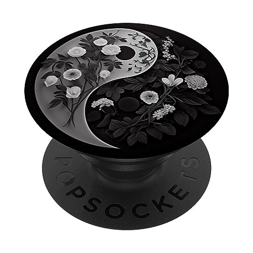 Yin Yang Blume Schwarz und Weiß PopSockets mit austauschbarem PopGrip von CJ Merch