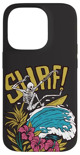 Hülle für iPhone 14 Pro Skelett Totenkopf Surfer Surfen Surf Wave Schwarz von CJ Phone Cases