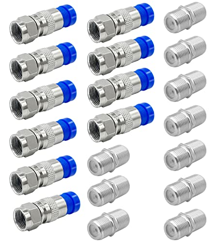 10 Stück RG6 F Typ Kompressionsstecker + 10 Stück Koaxialkabel Verlängerungsstecker, CKANDAY F-Typ Koaxialkabel Koaxialkabel Konverter Drahtverbinder Adapter Buchse auf Buchse für TV-Kabel,blau/silber von CKANDAY