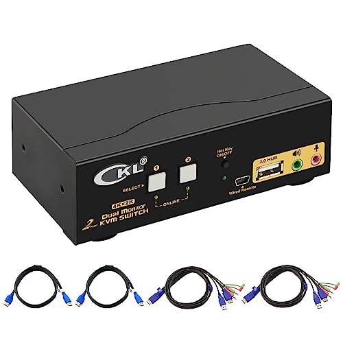 CKL HDMI KVM Switch 2 Port Dual Monitor Extended Display USB KVM Switch HDMI 2 in 2 out mit Audio Mikrofon Ausgang und USB 2.0 Hub, PC Monitor Tastatur Maus Switcher 4K @ 30MHz CKL-922HUA von CKL