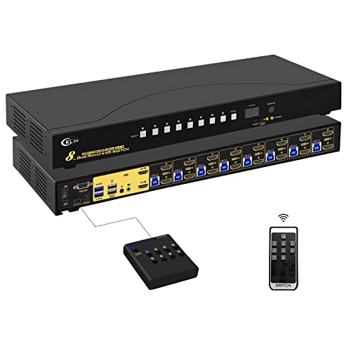 CKLAU 8 Port USB 3.0 HDMI KVM Switch Dual Monitor 4K60Hz mit Audio, 2 PCs USB 3.0 Hub ， Rackhalterung und Kabel, Tastaturmaus Hotkey Switcher Box unterstützt IR -Wireless -Switching von CKLau