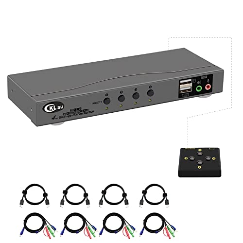 CKLau Displayport KVM Switch 4 Port 4K @ 60Hz 4: 4: 4 DP KVM Switch USB2.0, HDCP 2.2, HDR10,Mit Kabeln, Audio und Mikrofon von CKLau