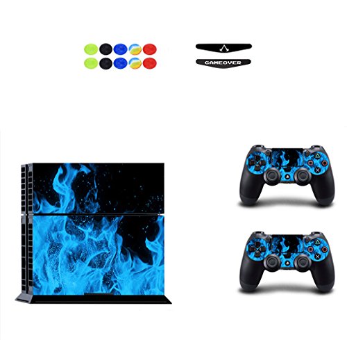 Skin for PS4, Chickwin Design Folie Aufkleber Sticker schützende Haut Schale für Sony Playstation 4 Konsole und 2 Dualshock Controller Skins + 10 pc Silikon Thumb Grips + 2pc zufällig Light Bar (Blau Feuer) von Chickwin