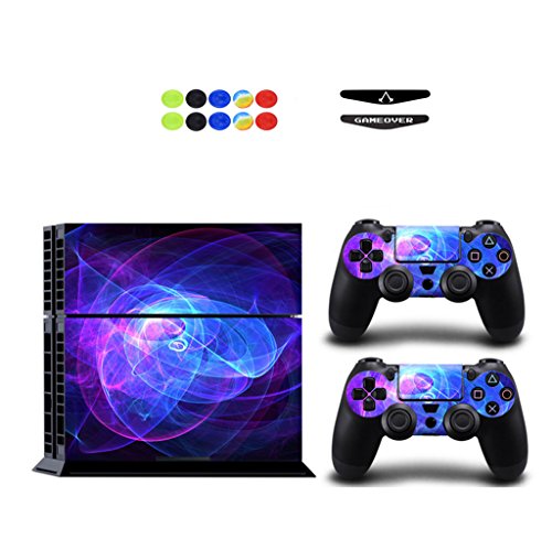 Skin for PS4, Chickwin Design Folie Aufkleber Sticker schützende Haut Schale für Sony Playstation 4 Konsole und 2 Dualshock Controller Skins + 10 pc Silikon Thumb Grips + 2pc zufällig Light Bar (Spulen Lila) von Chickwin