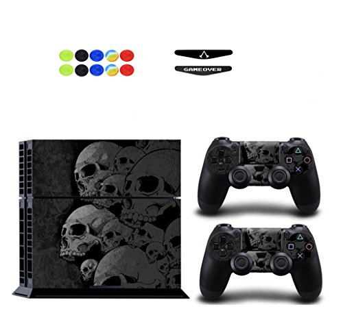 Skin for PS4, Chickwin Design Folie Aufkleber Sticker schützende Haut Schale für Sony Playstation 4 Konsole und 2 Dualshock Controller Skins + 10 pc Silikon Thumb Grips + 2pc zufällig Light Bar (Schädel) von CKW