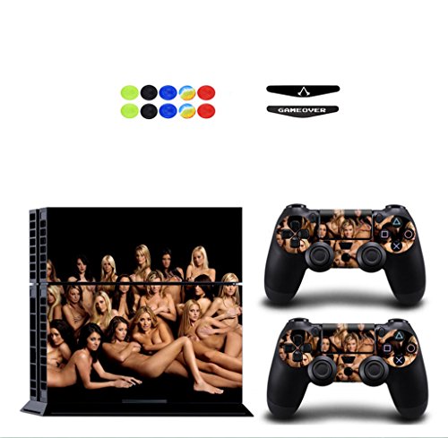 Skin for PS4, Chickwin Design Folie Aufkleber Sticker schützende Haut Schale für Sony Playstation 4 Konsole und 2 Dualshock Controller Skins + 10 pc Silikon Thumb Grips + 2pc zufällig Light Bar (Sexy Mädchen) von Chickwin