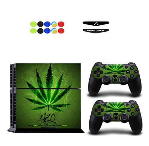 Skin for PS4, Chickwin Design Folie Aufkleber Sticker schützende Haut Schale für Sony Playstation 4 Konsole und 2 Dualshock Controller Skins + 10 pc Silikon Thumb Grips + 2pc zufällig Light Bar (Blatt Grün) von Chickwin