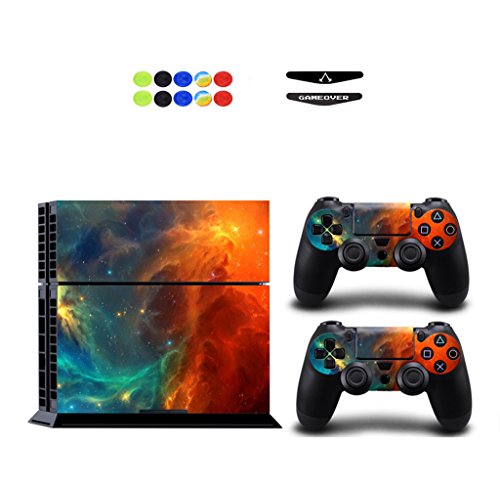 Skin for PS4, Chickwin Design Folie Aufkleber Sticker schützende Haut Schale für Sony Playstation 4 Konsole und 2 Dualshock Controller Skins + 10 pc Silikon Thumb Grips + 2pc zufällig Light Bar (Sternenklar Orange) von CKW