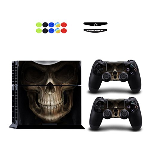 Skin for PS4, Chickwin Design Folie Aufkleber Sticker schützende Haut Schale für Sony Playstation 4 Konsole und 2 Dualshock Controller Skins + 10 pc Silikon Thumb Grips + 2pc zufällig Light Bar (Schädel Schwarz) von CKW