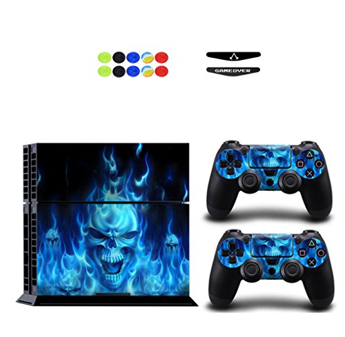 Skin for PS4, Chickwin Design Folie Aufkleber Sticker schützende Haut Schale für Sony Playstation 4 Konsole und 2 Dualshock Controller Skins + 10 pc Silikon Thumb Grips + 2pc zufällig Light Bar (Schädel Blau Feuer) von Chickwin