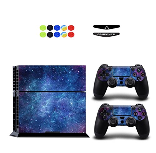 Skin for PS4, Chickwin Design Folie Aufkleber Sticker schützende Haut Schale für Sony Playstation 4 Konsole und 2 Dualshock Controller Skins + 10 pc Silikon Thumb Grips + 2pc zufällig Light Bar (Blau Sterne) von CKW