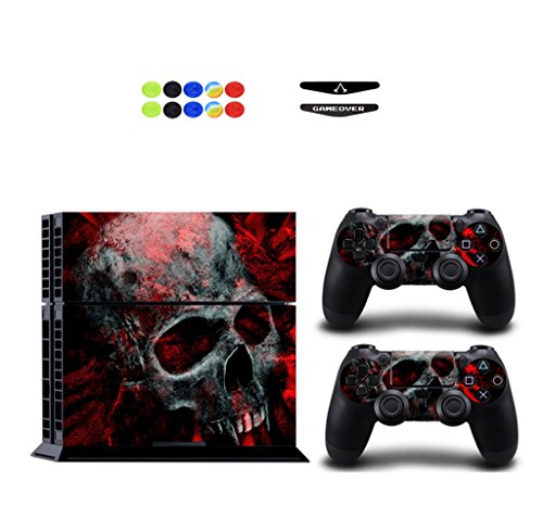 Skin for PS4, Chickwin Design Folie Aufkleber Sticker schützende Haut Schale für Sony Playstation 4 Konsole und 2 Dualshock Controller Skins + 10 pc Silikon Thumb Grips + 2pc zufällig Light Bar (Schädel Rot) von CKW