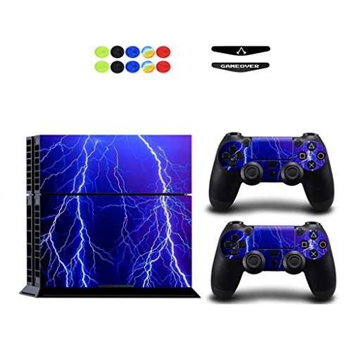 Skin for PS4, Chickwin Design Folie Aufkleber Sticker schützende Haut Schale für Sony Playstation 4 Konsole und 2 Dualshock Controller Skins + 10 pc Silikon Thumb Grips + 2pc zufällig Light Bar (Blitz Blau) von Chickwin