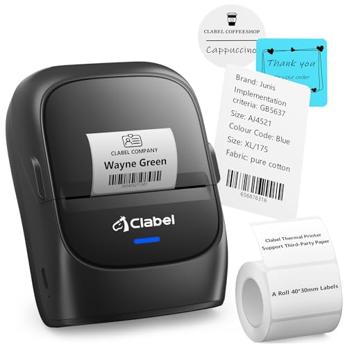 CLABEL Etikettendrucker Selbstklebend Bluetooth 221B Thermo Mini Label Drucker mit 1 Rolle Etiketten Tragbar Aufladbar Etikettiergerät Kompatibel mit Handy & PC für Preisschilder Barcode Büro Adresse von CLABEL