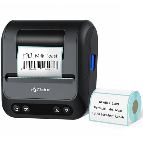 CLABEL Etikettendrucker Bluetooth Selbstklebend, 320B 3 Zoll Thermo Tragbarer Etikettiergerät Barcode Beschriftungsgerät Kompatibel mit iOS Android PC Label Printer für Zuhause Einzelhandel Büro von CLABEL