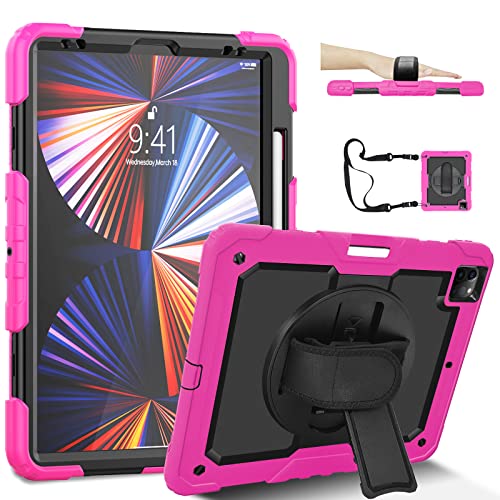 CLARKCAS iPad Pro 12.9 Case 2021 5th Generation iPad Pro 12.9 Inch 2020 4th Generation Cases with Screen Protector Pencil Holder Kids Shockproof Rugged Silicone Cover 360 Stand Hand Strap (Rose) von CLARKCAS