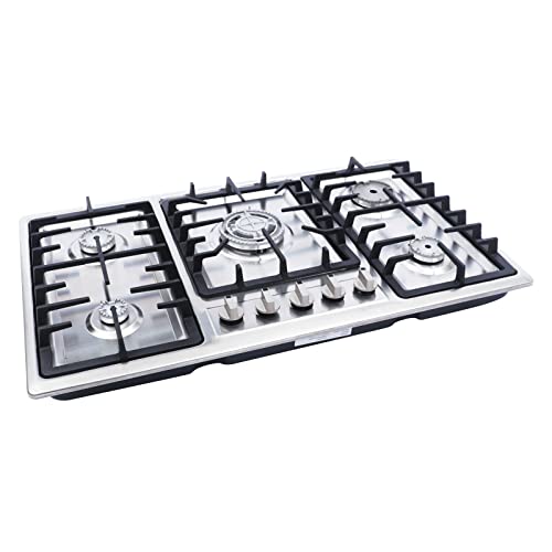 CLEADONG Gaskochfeld 5 Flammig Einbauherd Gaskochfeld 34 Zoll Edelstahl Gaskocher Mit 5 Düsen Und 5 Topflappen Eingebaut Erdgas Gaskochfeld Für Gas/Lpg 86 * 50cm von CLEADONG