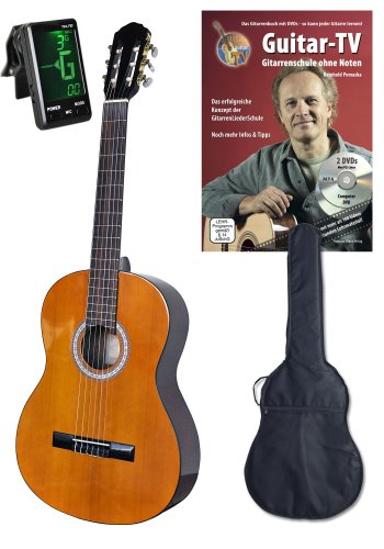 4/4 Konzert-Gitarre, Set mit DVD-Gitarrenschule GUITAR TV und Stimmgerät von CLIFTON