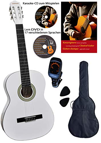 CLIFTON Konzertgitarre 4 4, White, Ahorn Griffbrett und Brücke, Fichtendecke, Lern DVD, Karaoke CD, Songbook, gepolsterte Tasche mit Rückengarniture, 2 Stück Plectren, digitales Stimmgerät, Starter Set von CLIFTON