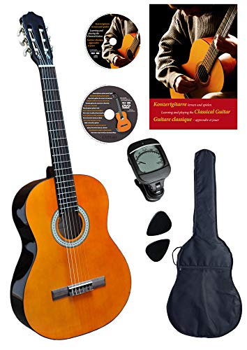 Konzertgitarre 4 4, Clifton, Starter Set, laminierte Fichtendecke, Farbe Palisander mit cremefarbigen Randeinlagen, inkl. Tasche gepolstert mit Rucksackriemen, Lehrbuch mit vielen Hits und Karoke-CD, Lern DVD, Cliptuner (Stimmgerät) mit LCD-Nadelanzeige mit Hintergrundbeleuchtung, 2 Plektren, Rosewood Griffbrett und Brücke Konzertgitarre 4 4, Clifton, Starter Set, laminierte Fichtendecke, Farbe Palisander mit cremefarbigen Randeinlagen, inkl. Tasche gepolstert mit Rucksackriemen, Lehrbuch mit vielen Hits und Karoke-CD, Lern DVD, Cliptuner (Stimmgerät) mit LCD-Nadelanzeige mit Hintergrundbeleuchtung, 2 Plektren, Rosewood Griffbrett und Brücke von CLIFTON