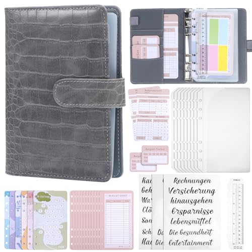 CLISPEED Budget Planner Deutsch - A6 PU Leder Binder Geld Organizer Sparen - Multifunktionales Geld Notizbuch mit 12 Binder Taschen Budget-Ordner Geldumschläge für Sinking Funds von CLISPEED