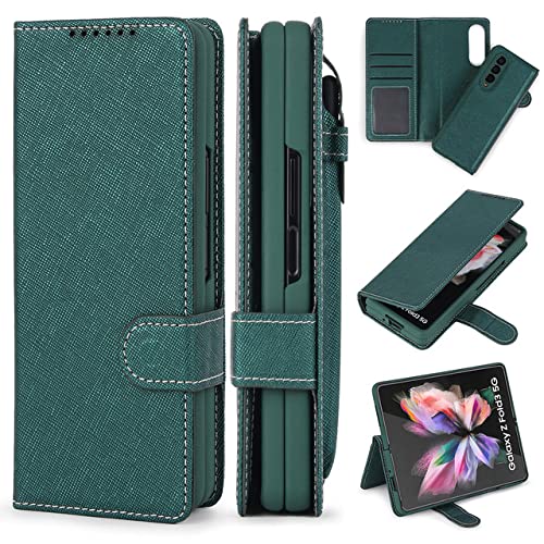 CLLDY Abnehmbare Hülle für Samsung Galaxy Z Fold 3 Fold 4 Modische PU-Leder-Magnetständerabdeckung mit S Pen Stylus-Halterung, Kreuzmuster grün, für Samsung Z Fold 4 von CLLDY