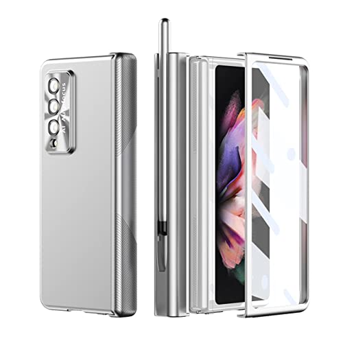 CLLDY Für Samsung Galaxy Z Fold 3 4 5G, stoßfest, magnetische Scharnierabdeckung, mit S-Stifthalter, Frontscheibe, Glas, Silber, für Samsung Z Fold 3 von CLLDY