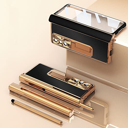 CLLDY Für Samsung Galaxy Z Fold 3 4 5G Hülle Schlichte Lederhalterung mit S Pen gehärteter Folie Voller Schutz für Fold4 Aluminiumlegierungsabdeckung, Schwarzgold, für Galaxy Z Fold 3 CLLDY Für Samsung Galaxy Z Fold 3 4 5G Hülle Schlichte Lederhalterung mit S Pen gehärteter Folie Voller Schutz für Fold4 Aluminiumlegierungsabdeckung, Schwarzgold, für Galaxy Z Fold 3 von CLLDY