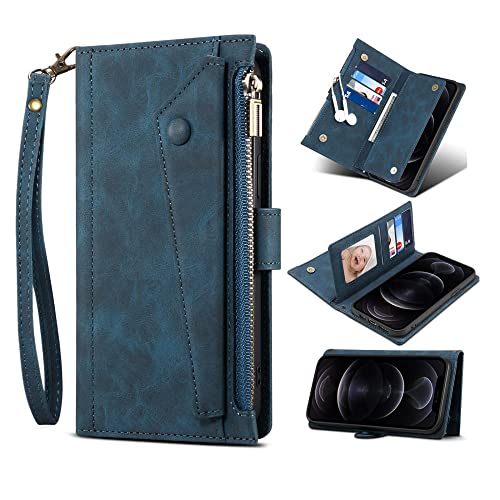 CLLDY Handtasche Wallet Case für iPhone 13 Pro Max 12 Mini 11 XR XS 8 7 Vintage Reißverschluss Kartensteckplatz Magnetische Handyhülle aus veganem Leder, Blau, für iPhone 12 Pro Max von CLLDY