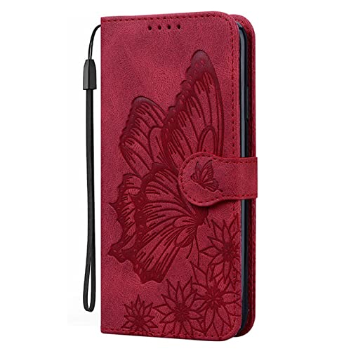 CLLDY Schmetterlings-Leder-Handyhülle für iPhone 14 8 7 6 Plus SE 2022 13 12 Mini 11 Pro Xs Max Xr SE2 Karte Brieftasche Taschen Flip Cover,rot,für iPhone SE 2020 von CLLDY
