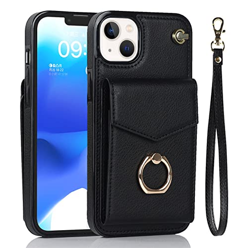 Leder-Anti-Diebstahl-Handyhülle für iPhone 14 13 12 Mini 11 Pro X XS Max XR 8 7 6 6S Plus SE 2020 2022 Lanyard Wallet Cards Cover, Schwarz, für iPhone 13Mini von CLLDY