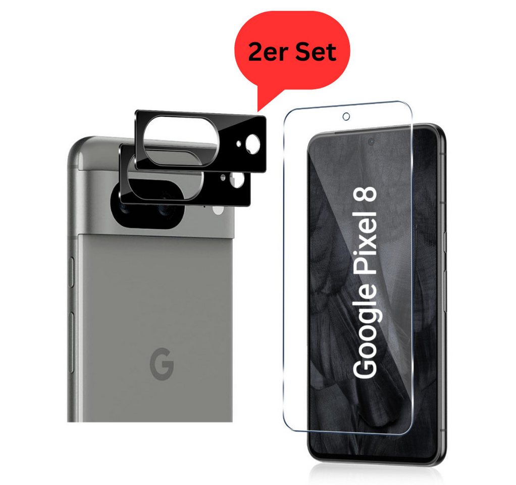 CLM-Tech Displayschutzglas 1X Panzerfolie und 1X Kameraschutz für Google Pixel 8, 2er Set Kameraglas und Schutzfolie - Panzerglas Displayschutz 9H Glas, 2 Stück, Unterstützt Fingerabdruck-ID von CLM-Tech