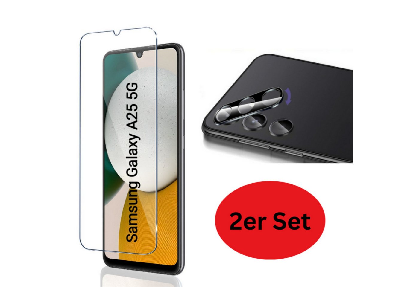 CLM-Tech 1X Panzerfolie und 1X Kameraschutz für Samsung Galaxy A25 5G, Displayschutzglas, 2er Set Kameraglas und Schutzfolie - Panzerglas Displayschutz 9H Glas, 2 Stück, Unterstützt Fingerabdruck-ID, Stoßsicher von CLM-Tech