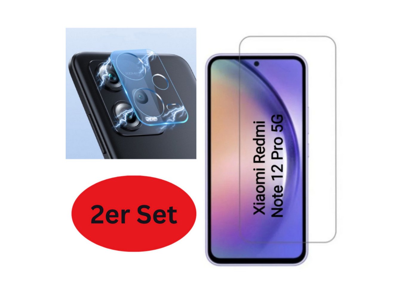 CLM-Tech 1X Panzerfolie und 1X Kameraschutz für Xiaomi Redmi Note 12 Pro 5G, Displayschutzglas, 2er Set Kameraglas und Schutzfolie - Panzerglas Displayschutz 9H Glas, 2 Stück, Unterstützt Fingerabdruck-ID, Stoßsicher von CLM-Tech