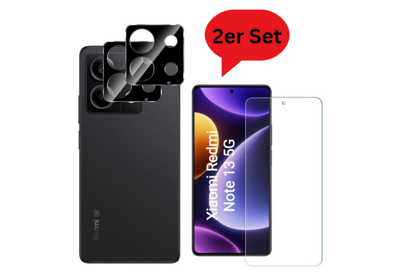 CLM-Tech 1X Panzerfolie und 1X Kameraschutz für Xiaomi Redmi Note 13 5G, Displayschutzglas, 2er Set Kameraglas und Schutzfolie - Panzerglas Displayschutz 9H Glas, 2 Stück, Unterstützt Fingerabdruck-ID, Stoßsicher von CLM-Tech