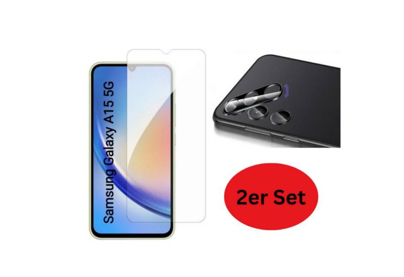 CLM-Tech 2X Schutzfolie für Samsung Galaxy A15 5G Panzerfolie Kameraschutz für Samsung Galaxy A15 5G, Displayschutzglas, 2er Set Kameraglas Panzerglas Displayschutz 9H Glas, 2 Stück, Unterstützt Fingerabdruck-ID, Stoßsicher von CLM-Tech