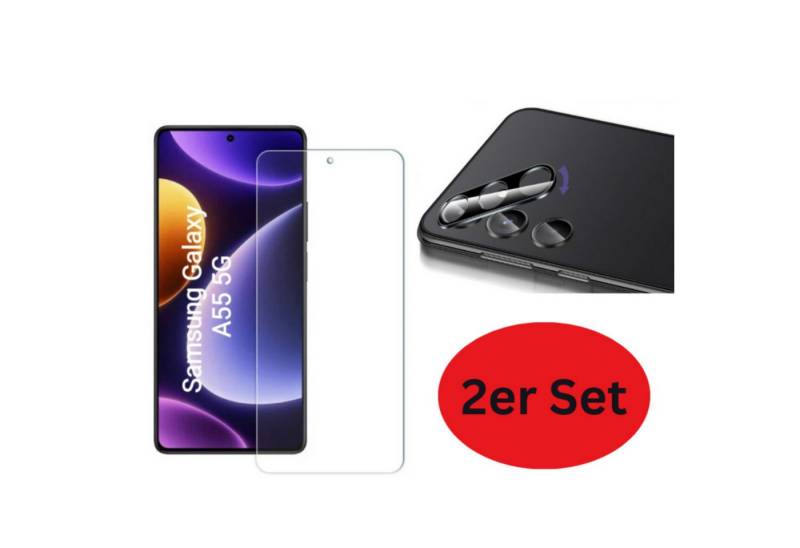 CLM-Tech 2X Schutzfolie für Samsung Galaxy A55 5G Panzerfolie Kameraschutz für Samsung Galaxy A55 5G, Displayschutzglas, 2er Set Kameraglas Panzerglas Displayschutz 9H Glas, 2 Stück, Unterstützt Fingerabdruck-ID, Kristallklar von CLM-Tech