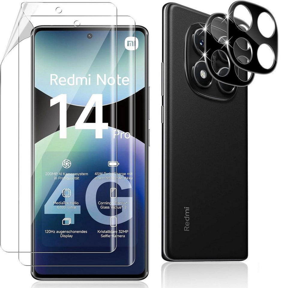 CLM-Tech Displayschutzfolie 2X Kameraschutz 2X für Xiaomi Redmi Note 14 Pro 4G, 4er Set Kameraglas aus 9H Glas Displayschutz Folie weich, 4 Stück, Anti-Fingerabdruck und blasenfreie Anbringung von CLM-Tech