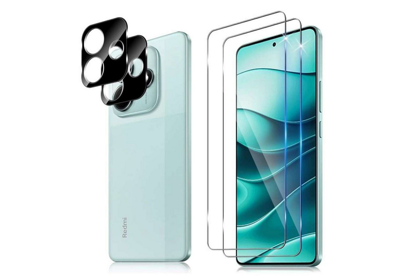 CLM-Tech Displayschutzglas 2X Schutzfolie für Xiaomi Redmi Note 14 5G Panzerfolie 2X Kameraschutz für Xiaomi Redmi Note 14 5G, 4er Set Kameraglas Panzerglas Displayschutz 9H Glas Folie, 4 Stück, Anti-Fingerabdruck und blasenfreie Anbringung von CLM-Tech