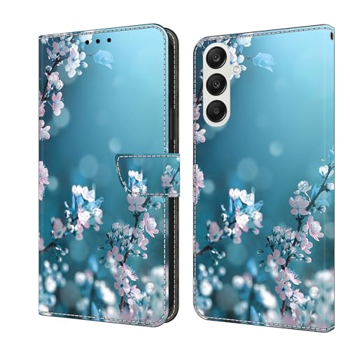 CLM-Tech Handyhülle kompatibel mit Samsung Galaxy A56 / A36 5G Hülle - Tasche aus PU Leder - Klapphülle mit Ständer und Kartenfächern - Schutzhülle Wallet Case Cover Pflaumenblüte blau von CLM-Tech