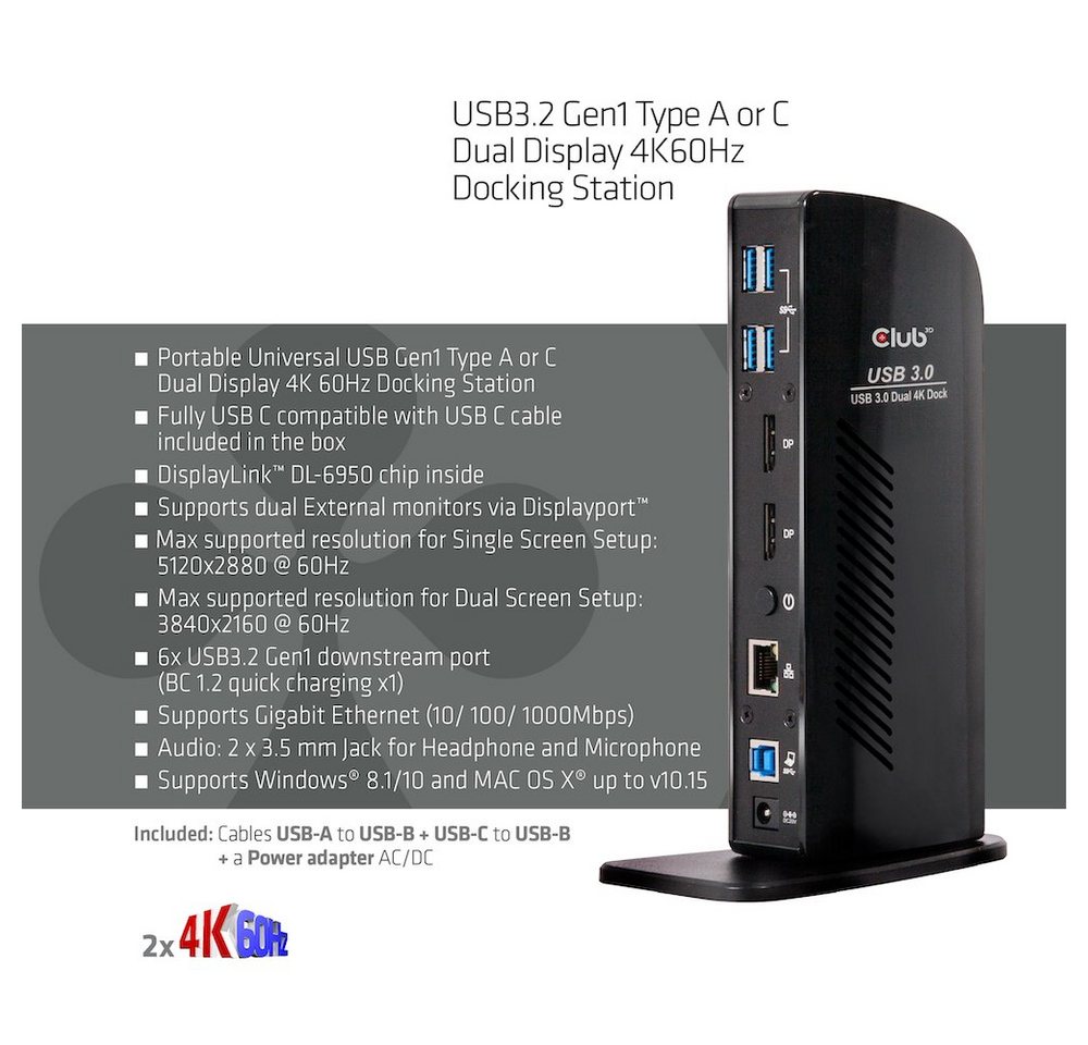 CLUB3D Laptop-Dockingstation CLUB3D Club 3D USB Typ C Gen1 Universelle Triple 4K Docking Station mi von CLUB3D