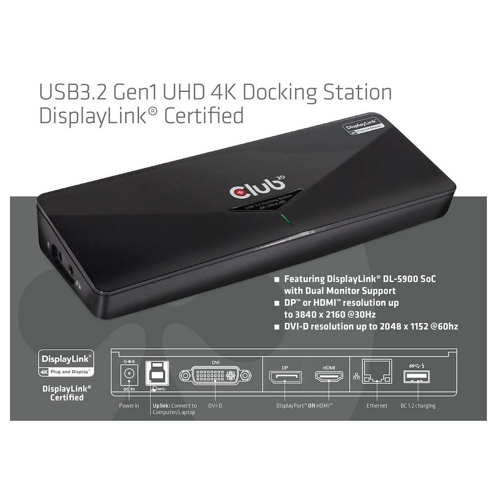 CLUB3D Laptop-Dockingstation Club3D 4K DualDisp. Dock.USB3 ->3xUSB3/HDMI/DP/DVI/ black retail von CLUB3D