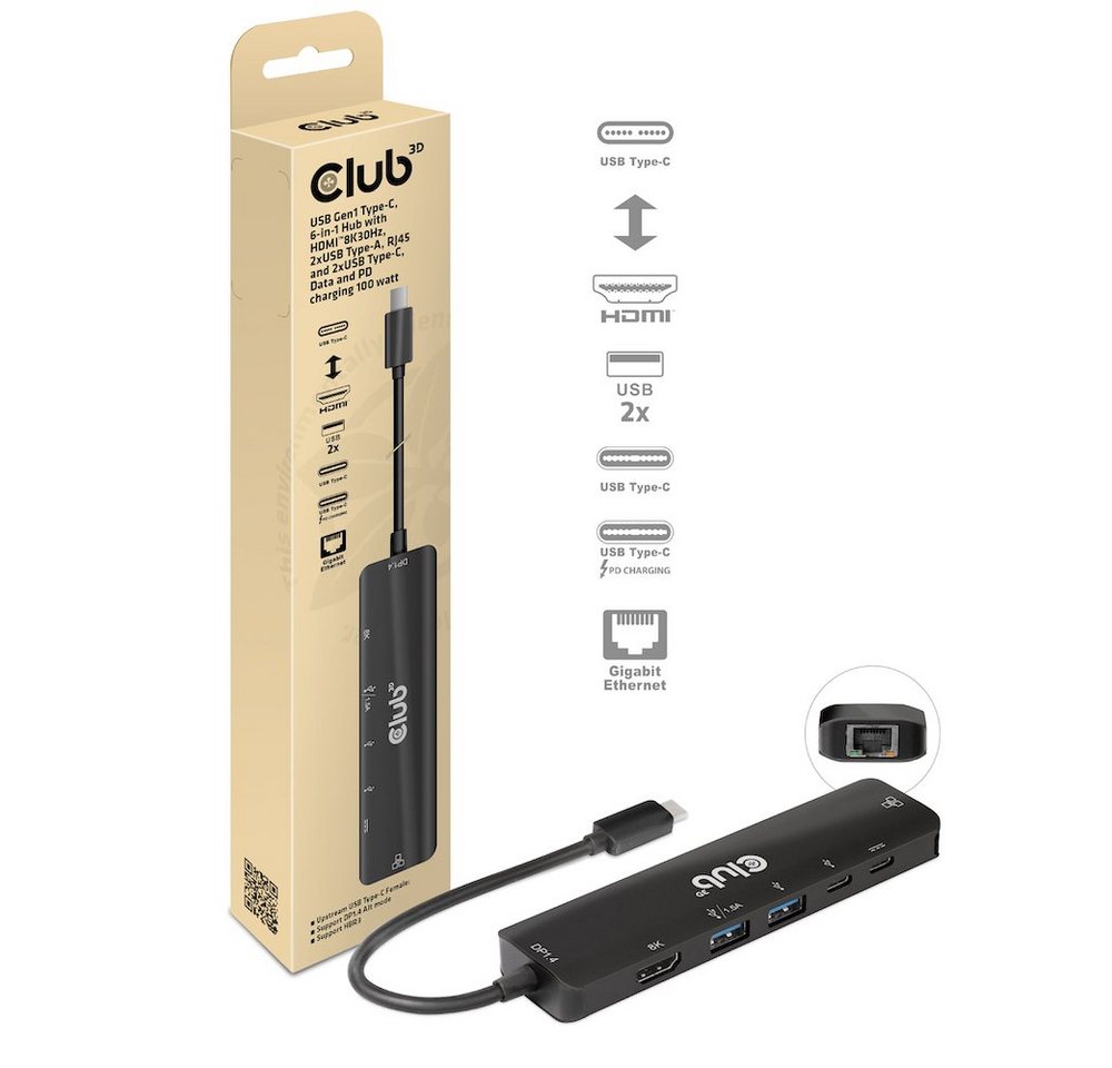 CLUB3D USB-Verteiler CLUB3D USB-6-in1-HUB USB-C > HDMI/2xUSB/2xUSB-C/RJ45 100W retail CLUB3D USB-Verteiler CLUB3D USB-6-in1-HUB USB-C > HDMI/2xUSB/2xUSB-C/RJ45 100W retail von CLUB3D
